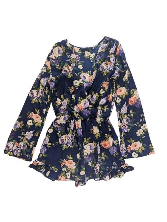 Honey Punch Dresses & Skirts - Honey Punch Navy Floral Wrap Romper – Long Sleeve, Ruffle Hem, Boho Romantic